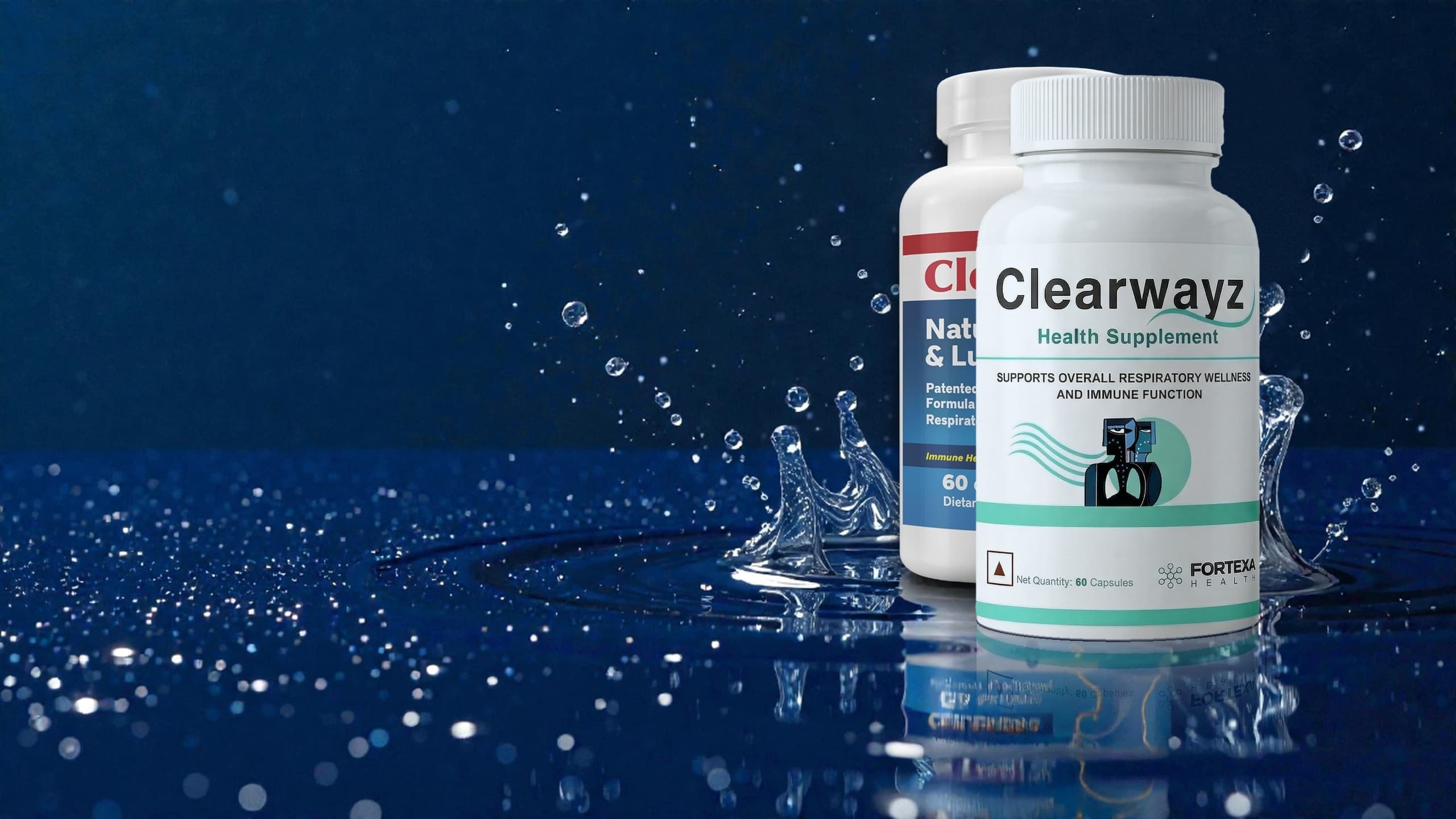 The India Clearwayz Health Supplement bottle in front of the original Clearwayz bottle, in splashing water