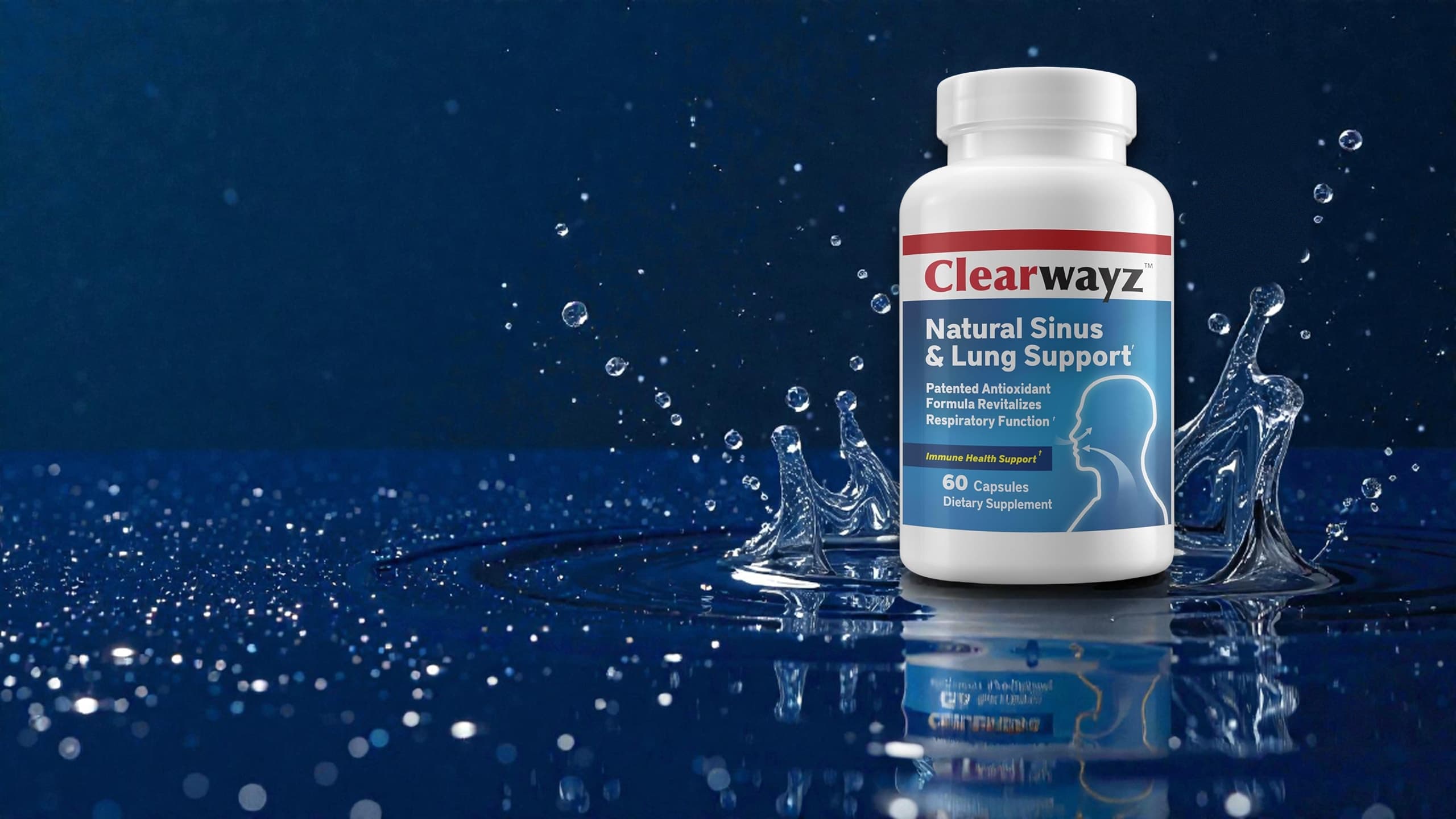 Clearwayz Natural Sinus & Lung Support bottle in splashing water