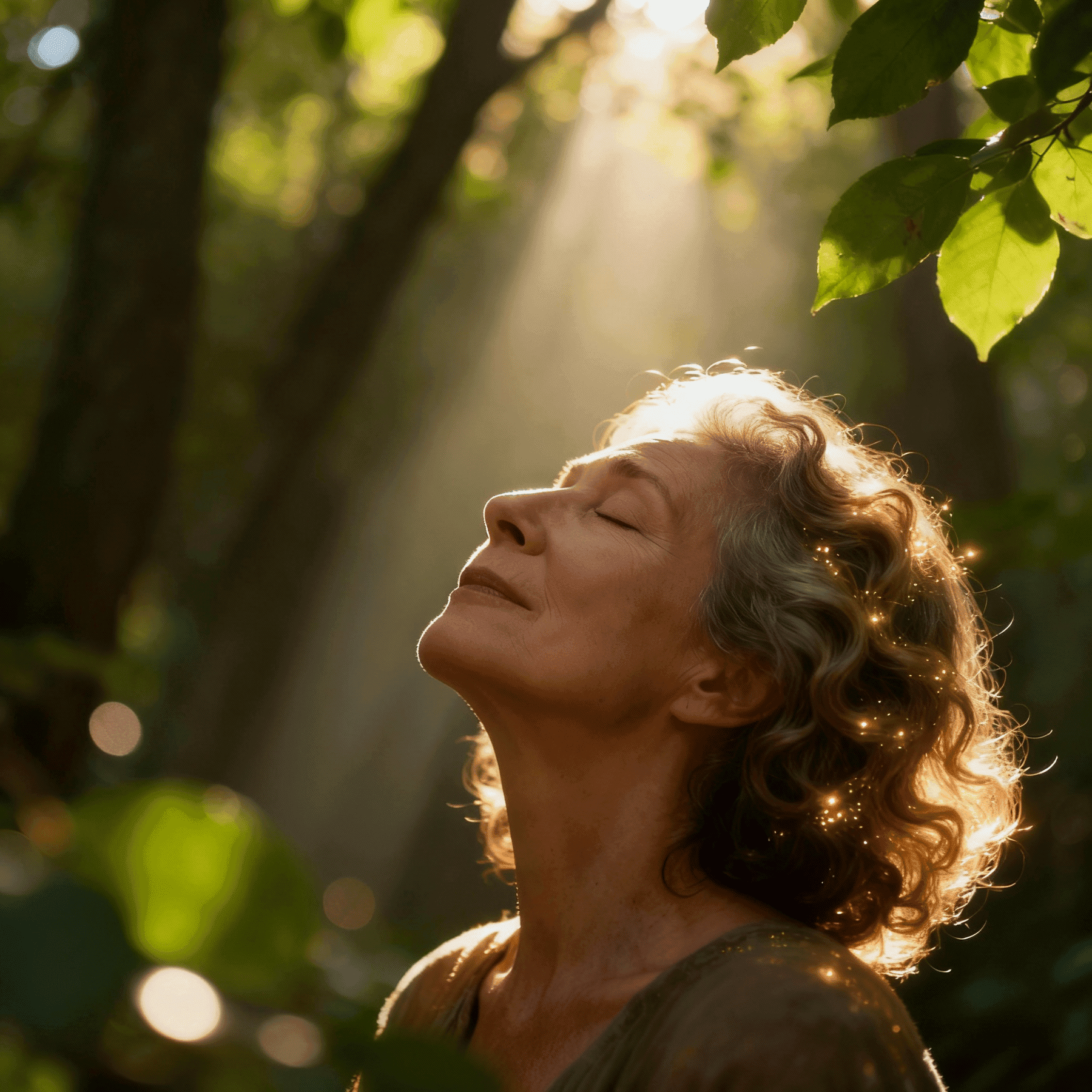 An older woman with closed eyes tilts her head back in a sun-drenched forest